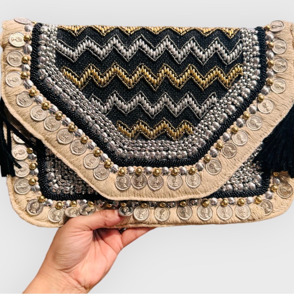Bohemian Envelope Wristlets Banjara Clutch Beige And White Color With tassels